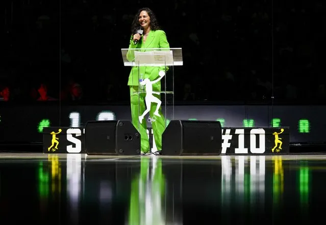 Former Seattle Storm player Sue Bird speaks during her jersey retirement ceremony following a WNBA basketball game between the Seattle Storm and the Washington Mystics, Sunday, June 11, 2023, in Seattle. (Photo by Lindsey Wasson/AP Photo)