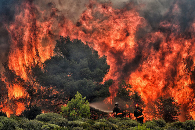 Firefighters try to extinguish flames during a wildfire at the village of Kineta, near Athens, on July 24, 2018. Raging wildfires killed 74 people including small children in Greece, devouring homes and forests as terrified residents fled to the sea to escape the flames, authorities said Tuesday. (Photo by Angelos Tzortzinis/AFP Photo)