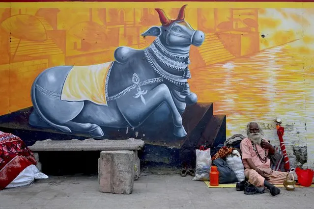 A Sadhu (Hindu holy man) sits besides a graffiti on the banks of the River Ganges during Makar Sankranti, a day considered to be of great religious significance in the Hindu mythology, on the first day of the religious Kumbh Mela festival in Haridwar on January 14, 2021. (Photo by Money Sharma/AFP Photo)