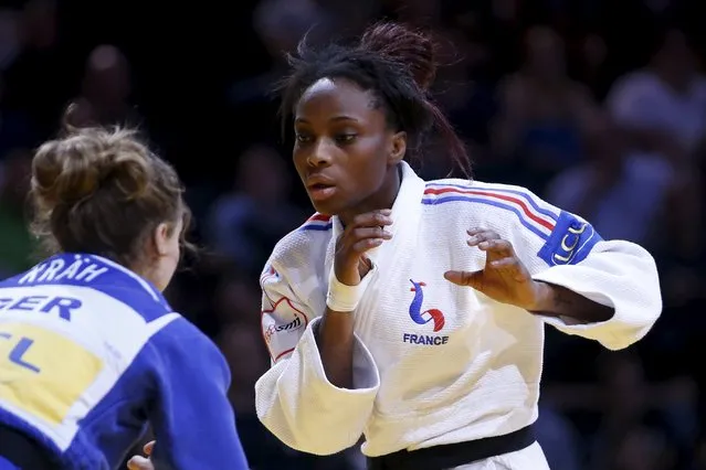 Priscilla Gneto of France (R) competes against Mareen Kraeh of Germany (L) in their women's under 52kg bronze medal fight at the Paris International Grand Slam judo tournament, France, February 6, 2016. (Photo by Charles Platiau/Reuters)