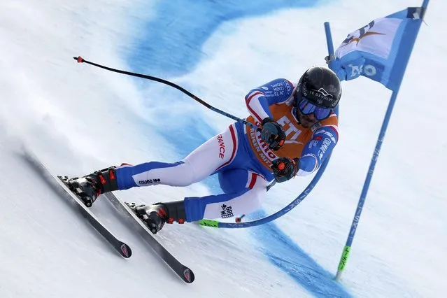 France's Cyprien Sarrazin speeds down the course during an alpine ski, men's World Cup Super G race, in Bormio, Italy, Friday, December 29, 2023. (Photo by Marco Trovati/AP Photo)