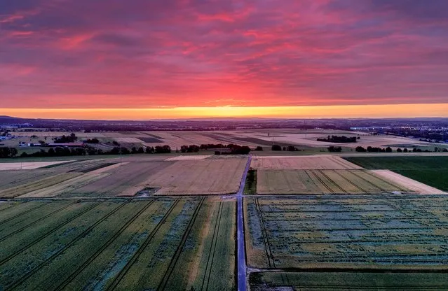 Fields and acres are pictured in the outskirts of Frankfurt, Germany, as the sun rises on Wednesday, June 28, 2023. (Photo by Michael Probst/AP Photo)