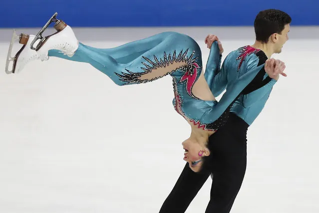 Charlene Guignard and Marco Fabbri of Italy perform in rhythm dance during the ISU European Figure Skating Championships in Kaunas, Lithuania, Friday, January 12, 2024. (Photo by Mindaugas Kulbis/AP Photo)