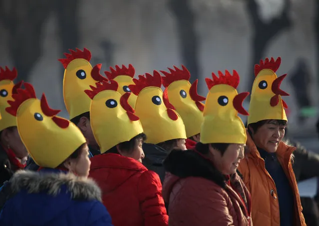 Winter swimmers wearing chick hats gather at Beiling Park to celebrate the Year of the Rooster on January 31, 2017 in Shenyang, Liaoning Province of China. (Photo by VCG/VCG via Getty Images)