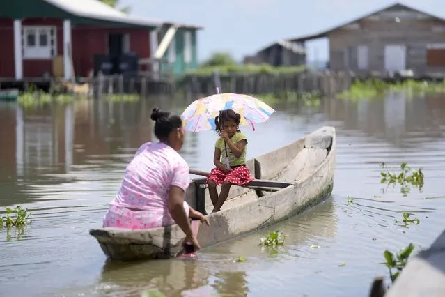 A woman paddles a dugout canoe with her daughter in the Cienaga Grande de Santa Marta, in Nueva Venecia, Colombia, Tuesday, October 12, 2021. About 400 families live in stilt houses in the Cienaga Grande, which is the largest of the swampy marshes located in Colombia between the Magdalena River and the Sierra Nevada de Santa Marta mountains. (Photo by Fernando Vergara/AP Photo)