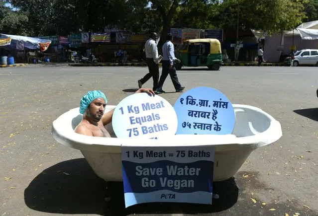 An Indian supporter of the People for the Ethical Treatment of Animals (PETA) organisation bathes publicly in a bathtub at a roadside during a protest held to coincide with the forthcoming World Water Day in New Delhi on March 21, 2016. Peta India is urging people to save water by becoming vegan, because of the amount of water used to produce meat and dairy products. (Photo by Sajjad Hussain/AFP Photo)