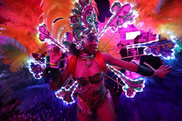 A dancer performs during the 133 rd edition of the Nice Carnival in Nice, southeastern France, on February 21, 2017. (Photo by Valery Hache/AFP Photo)