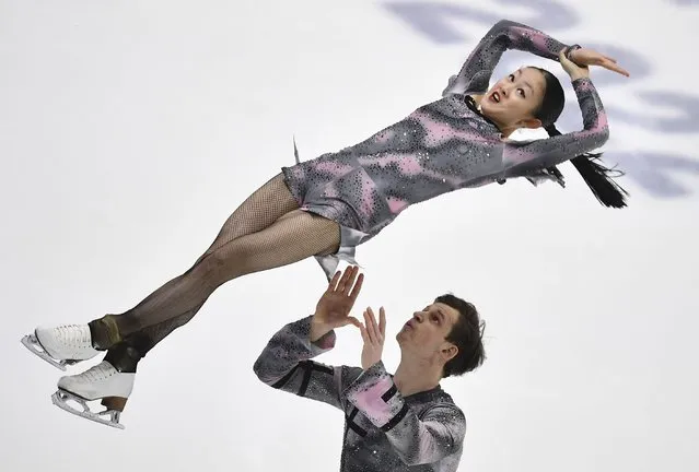 Audrey Lu and Misha Mitrofanov of USA compete in the pairs' short program during the ISU Four Continents Figure Skating Championships in Tallinn, Estonia, Thursday, January 20, 2022. (Photo by Sergei Stepanov/AP Photo)