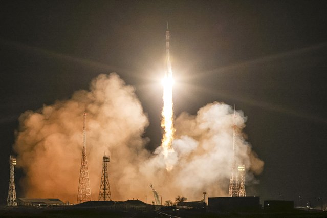 In this handout photo released by Roscosmos State Space Corporation, the new, empty Soyuz MS-23 capsule blasts off at the Russian leased Baikonur cosmodrome in Baikonur, Kazakhstan, on Friday, February 24, 2023. Russia has launched a rescue ship for two cosmonauts and a NASA astronaut whose original ride sprang a dangerous leak at the International Space Station. (Photo by Ivan Timoshenko/Roscosmos State Space Corporation via AP Photo)