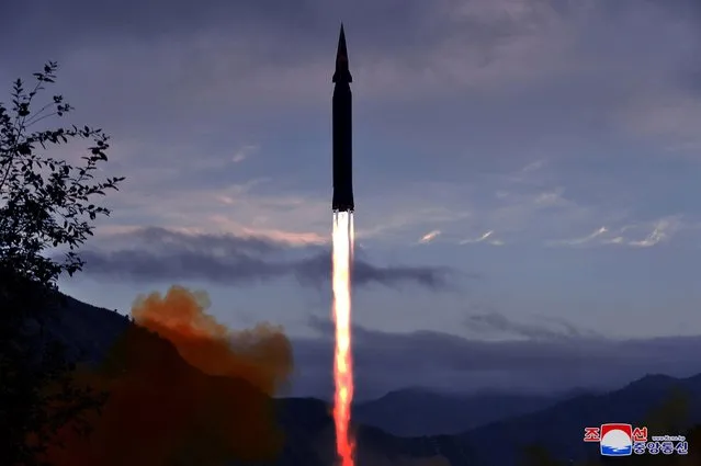 This picture taken on September 28, 2021 and released from North Korea's official Korean Central News Agency (KCNA) on September 29 shows the Academy of Defence Science of the DPRK test-firing a hypersonic missile Hwasong-8 newly developed by it in Toyang-ri, Ryongrim County of Jagang Province, North Korea. North Korea has successfully tested a new hypersonic gliding missile, state media reported Wednesday, in what would be the nuclear-armed nation's latest advance in weapons technology Tuesday's launch was of “great strategic significance”, the official Korean Central News Agency said, as the North seeks to increase its defence capabilities a “thousand-fold”. (Photo by KCNA via Reuters)