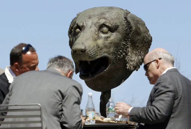 In this Wednesday, April 27, 2016 photo, one of 12 gigantic bronze animal heads representing the signs of the Zodiac by Chinese artist Ai Weiwei stands behind businessmen eating lunch on the Rose Kennedy Greenway in Boston. The sculptures are scheduled to remain on public display in the park through October. (Photo by Bill Sikes/AP Photo)