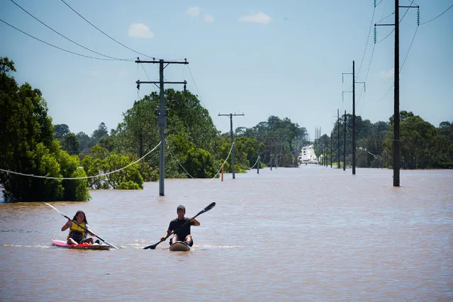 Kayakers paddle on the flooded Logan River, caused by Cyclone Debbie, as it flows over the Mt Lindesay Highway in Waterford West near Brisbane on April 1, 2017. Flooded rivers were still rising on April 1 in two Australian states with two women dead and four people missing after torrential rains in the wake of a powerful tropical cyclone. (Photo by Patrick Hamilton/AFP Photo)