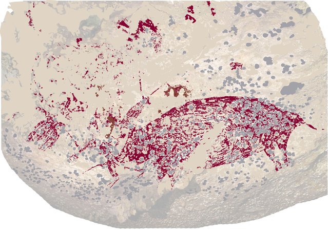 A handout photo made available by the National Research and Innovation Agency (BRIN) shows a cave painting inside a cave at Karampuang Hill in Maros, South Sulawesi, Indonesia, 04 July 2024. An important discovery concerning cave paintings in the Sulawesi region of Indonesia which is believed to be the oldest cave painting ever discovered in the world, was made by a collaborative research team comprising Griffith University, the National Research and Innovation Agency (BRIN), and Southern Cross University. Situated in a limestone cave in Leang Karampuang, Maros-Pangkep, South Sulawesi, the aforementioned rock paintings show three humanoid characters engaging in conversation with a wild pig. (Photo by BRIN/EPA/EFE)