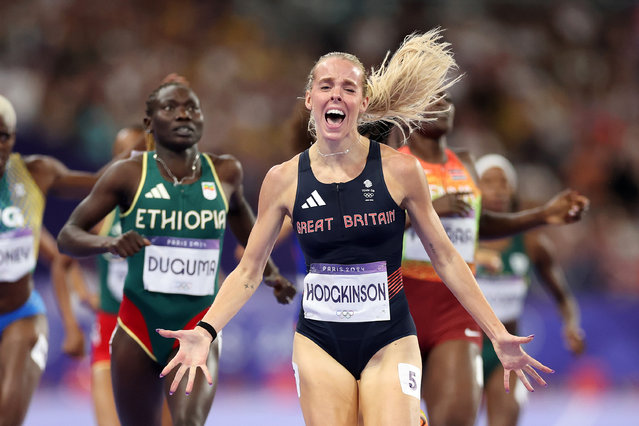 Gold medalist Keely Hodgkinson of Team Great Britain celebrates during the Women's 800m Final on day ten of the Olympic Games Paris 2024 at Stade de France on August 05, 2024 in Paris, France. (Photo by Christian Petersen/Getty Images)