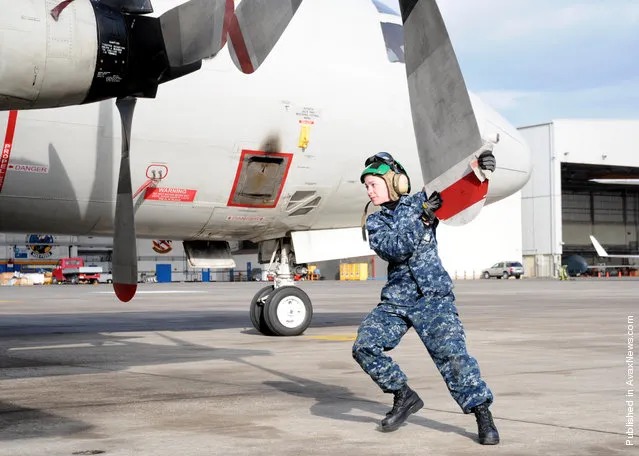 Aviation Machinist's Mate Airman Sarah Rutledge, assigned to the Golden Swordsmen of Patrol Squadron (VP) 47, inspects propeller number four for damage as part of a daily inspection