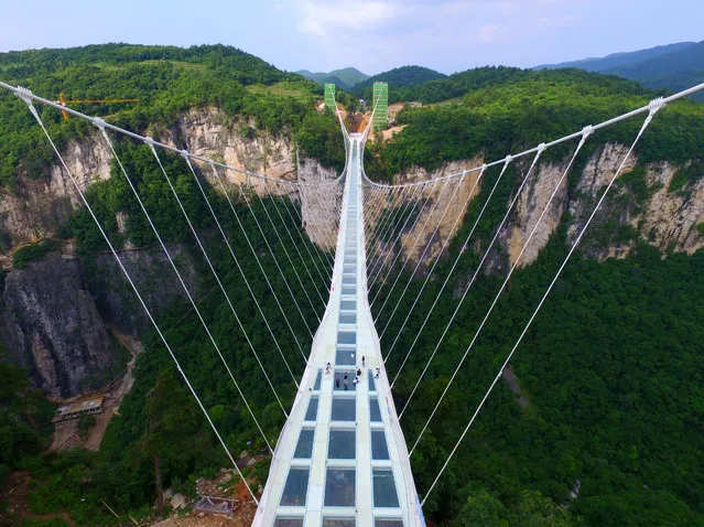 Aerial view of the glass-bottomed bridge across the Zhangjiajie Grand Canyon on June 12, 2016 in Zhangjiajie, Hunan Province of China. World's longest and highest glass-bottomed bridge over the Zhangjiajie Grand Canyon will open soon. The bridge stretched 430 meters long, 6 meters wide and the biggest vertical drop was 1,430 meters under the path. (Photo by VCG/VCG via Getty Images)