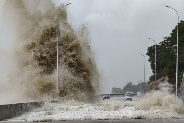 In this photo released by Xinhua News Agency, huge waves lash the shore ahead of landfall by Typhoon Gaemi in Sansha Township of Xiapu County, southeast China's Fujian Province, Thursday July 25, 2024. After hitting Philippines and Taiwan, the storm's effects were expected to continue into Friday as it moved in a northwestern direction toward mainland China. In Fujian province on China's east coast, ferry routes were suspended on Wednesday and all train service will be halted on Thursday, China's official Xinhua News Agency said. (Photo by Jiang Kehong/Xinhua via AP Photo)