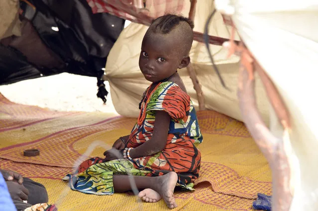 A child looks on under a makeshift tent in a camp in the village of Kidjendi near Diffa on June 19, 2016 as displaced families fled from Boko Haram attacks in Bosso. Earlier this month 24 soldiers from Niger and two Nigerian troops were killed in a Boko Haram attack in the Bosso area of Niger, near Lake Chad, prompting Chad to send in reinforcements. (Photo by Issouf Sanogo/AFP Photo)