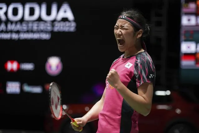 South Korea's An Se-young reacts after defeating Denmark's Julie Dawall Jakobsen during their women's singles second round match during the Malaysia Masters badminton tournament at the Bukit Jalil Axiata Arena in Kuala Lumpur, Malaysia, Thursday, July 7, 2022. (Photo by Kien Huo/AP Photo)
