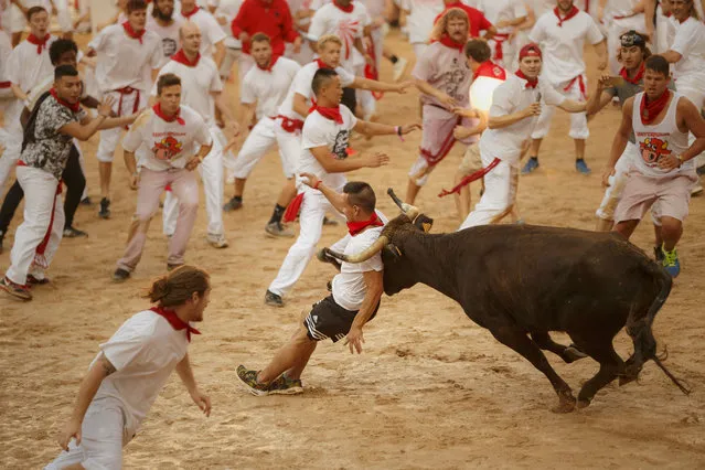 A reveler is charged by a cow in the bullring during a daily amusement event after the running of the bulls of 2016 San Fermin fiestas in Pamplona, Spain, Thursday, July 7, 2016. Revelers from around the world arrive to Pamplona every year to take part in some of the eight days of the running of the bulls. (Photo by Daniel Ochoa de Olza/AP Photo)