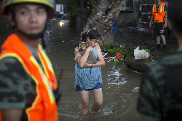 A woman holds on to her pet as they evacuate from flood waters caused by Typhoon Hato and the tide in Guangzhou in southern China's Guangdong province Wednesday August 23, 2017. (Photo by Chinatopix via AP Photo)