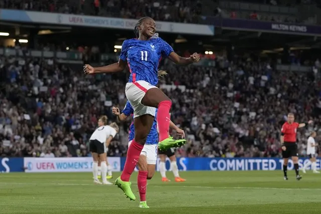 France's Kadidiatou Diani celebrates her side's first goal during the Women Euro 2022 semifinal soccer match between Germany and France at Stadium MK in Milton Keynes, England, Wednesday, July 27, 2022. (Photo by Alessandra Tarantino/AP Photo)
