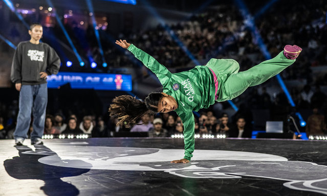 In this handout image provided by Red Bull, India (R) of the Netherlands competes against Mono of Korea during the Red Bull BC One World Final at Court Philippe-Chatrier, Roland Garros, on October 21, 2023 in Paris, France. (Photo by Dean Treml/Red Bull via Getty Images)