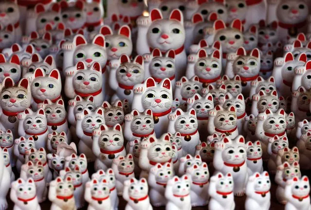 Japanese cat statues called “manekineko”, believed to bring good luck, are dedicated to Gotokuji Temple in Tokyo, Japan on November 2, 2022. (Photo by Kim Kyung-Hoon/Reuters)