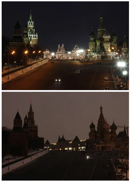 A combination photo shows a view of St. Basil's Cathedral, Red Square and the Kremlin before (top) and during Earth Hour in Moscow March 23, 2013. Earth Hour, when everyone around the world is asked to turn off the lights for an hour from 8.30pm local time, is meant as a show of support for tougher actions to combat climate change. (Photo by Mikhail Voskresensky/Reuters)