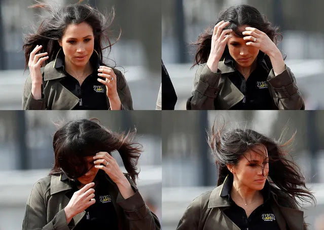 A combination picture shows Meghan Markle adjusting her hair during a visit to watch athletes at the team trials for the Invictus Games Sydney 2018 at the University of Bath Sports Training Village in Bath, Britain, April 6, 2018. (Photo by Peter Nicholls/Reuters)