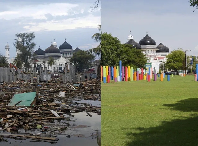 LEFT IMAGE: Devastation in front of Mesjid Raya Baiturrahman mosque after the Tsunami in Banda Aceh, 150 miles from southern Asia's massive earthquake's epicenter on Tuesday January 4, 2005 in Banda Aceh, Indonesia. RIGHT IMAGE: Taman sari park in front f Mesjid Raya Baiturrahman mosque prior to the ten year anniversary of the 2004 earthquake and tsunami on December 12, 2014 in Banda Aceh, Indonesia. (Photo by Stephen Boitano/Barcroft Media)