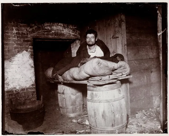 A man on a makeshift bed made of a plank across two barrels, 1890. One of four pedlars who slept in cellar of 11 Ludlow Street. (Photo by Jacob A. Riis/Museum of the City of New York, Gift of Roger William Riis)