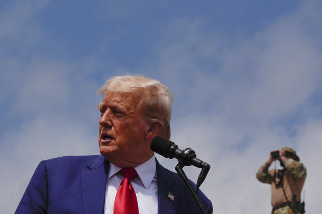 Republican presidential nominee former President Donald Trump speaks during a campaign rally at North Carolina Aviation Museum, in Asheboro, N.C., August 21, 2024 (Photo by Julia Nikhinson/AP Photo)