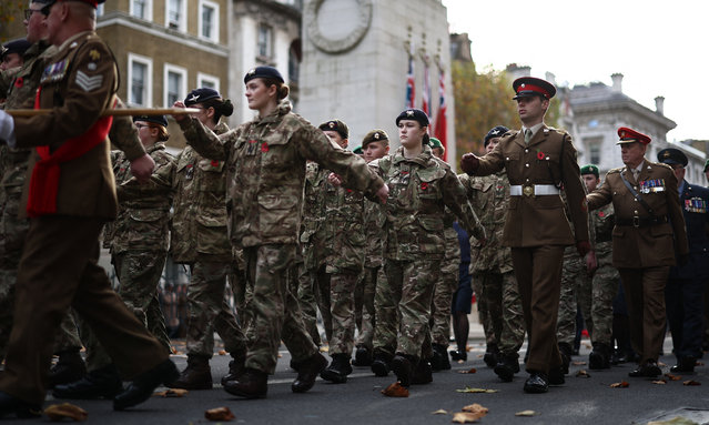 Military personnel take part in an Armistice Day service at the Cenotaph War Memorial on Whitehall in central London on November 11, 2024, marking the 106th anniversary of the November 11, 1918 Armistice, ending World War I (WWI). (Photo by Henry Nicholls/AFP Photo)