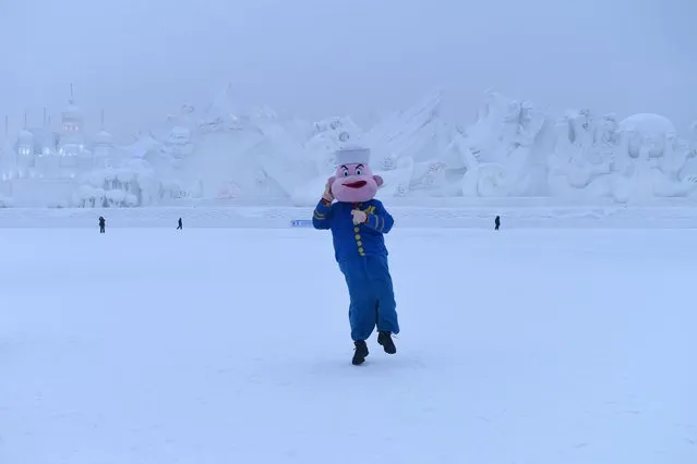 A man dressed as a cartoon character dances in front of snow sculptures during the Harbin International Ice and Snow Festival in Harbin, northeast China's Heilongjiang province on January 5, 2016. Over one million visitors are expected to attend the spectacular Harbin Ice Festival, where buildings of ice are bathed in ethereal lights and international ice sculptors compete for honours. (Photo by Wang Zhao/AFP Photo)