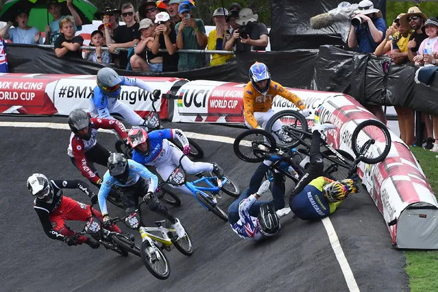 Riders crash during Round 4 of the the 2024 UCI BMX Racing World Cup in Brisbane, Australia, 25 February 2024. (Photo by Jono Searle/EPA)