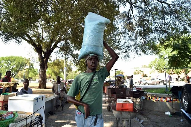 Papouch (34) sells water on the streets of Port-au-Prince, March 21, 2016. He works every day from 8 am until 6 pm selling four full bags, equivalent to 240 sachets of water. The usual price of these water bags is three bags per 5 gourdes(one USD = 62 gourdes). 
World Water Day, marked on March 22, 2016, is an international observance to learn more about water related issues and to take action for sustainable management of freshwater resources. (Photo by Hector Retamal/AFP Photo)
