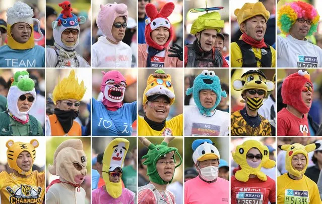 This combination of images shows various headgear worn by runners during the Tokyo Marathon shortly after the start of the race in the Shinjuku area of downtown Tokyo on March 3, 2024. (Photo by Richard A. Brooks/AFP Photo)