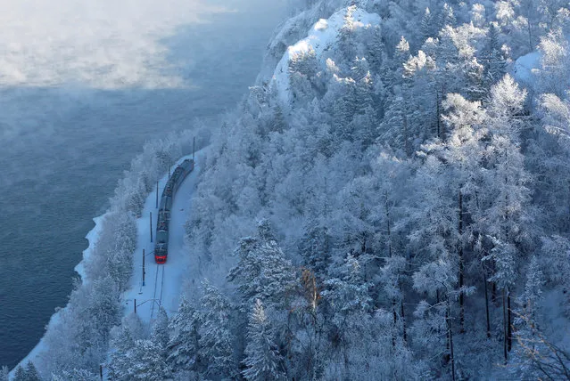 A passenger train moves along the bank of the Yenisei River in the Siberian Taiga forest covered with snow and hoarfrost outside Krasnoyarsk, Russia February 11, 2019. (Photo by Ilya Naymushin/Reuters)