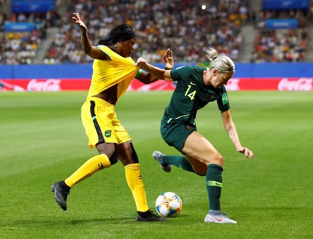 Jamaica's Konya Plummer in action with Australia's Alanna Kennedy during the Jamaica V Australia, Group C match at the FIFA Women's World Cup at Stade des Alpes on June 18th 2019 in Grenoble, France. (Photo by Emmanuel Foudrot/Reuters)