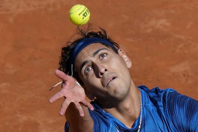 Chile's Alejandro Tabilo serves to Germany's Alexander Zverev during a men's tennis semifinal match at the Italian Open tennis tournament, in Rome, Friday, May 17, 2024. (Photo by Andrew Medichini/AP Photo)