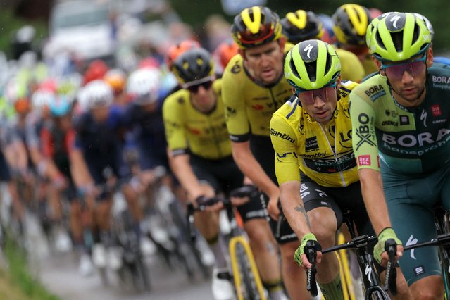 Team Bora's Slovenian rider Primoz Roglic wearing the overall leader's yellow jersey cycles with the pack of riders (peloton) during the seventh stage of the 76th edition of the Criterium du Dauphine cycling race, 155,3km between Albertville and Samoens 1600, French Alps, on June 8, 2024. (Photo by Thomas Samson/AFP Photo)
