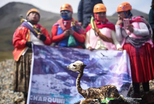 An offering of a llama fetus is made to the Pachamama, or mother earth, during the inauguration of tourist season at the Charquini glacier, outside of El Alto, Bolivia on April 8, 2022. (Photo by Claudia Morales/Reuters)