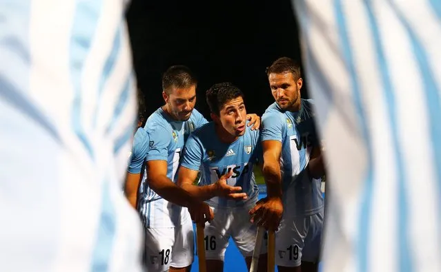 Ignacio Ortiz (C) of Argentina talks to teammates after the Men's FIH Pro League field hockey match between Australia and Argentina at the Perth Hockey Stadium in Perth, Australia, 06 March 2020. (Photo by Gary Day/EPA/EFE)