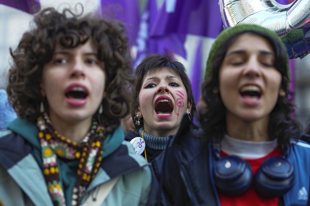 Women chant slogans during a rally marking the upcoming International Day for the Elimination of Violence Against Women, in Istanbul,Turkey, Sunday, November 24, 2024. (Photo by Emrah Gurel/AP Photo)
