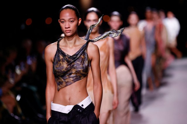 Models present creations by designer Victoria Beckham as part of her Spring/Summer 2025 Women's ready-to-wear collection show during Paris Fashion Week in Paris, France, on September 27, 2024. (Photo by Johanna Geron/Reuters)
