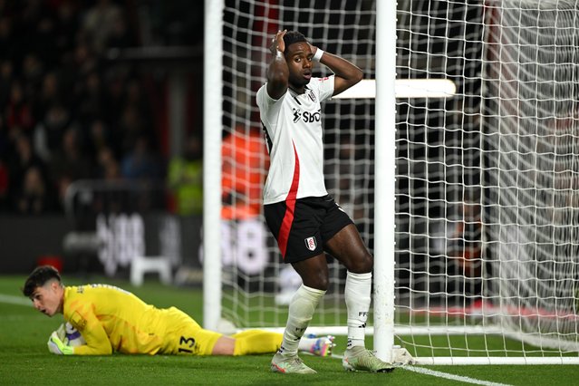 Ryan Sessegnon of Fulham reacts after a missed opportunity as Kepa Arrizabalaga of AFC Bournemouth protects the ball during the Premier League match between AFC Bournemouth and Fulham FC at Vitality Stadium on April 14, 2025 in Bournemouth, England. (Photo by Mike Hewitt/Getty Images)