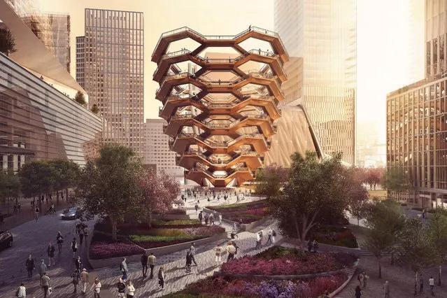 This artists rendering provided by Related- Oxford shows the design for the proposed Public Square and Gardens at Hudson Yards featuring the “Vessel”. The new public art installation by Thomas Heatherwick is the centerpiece of a $200 million plaza project. The design for it has been kept under wraps until now, but the developer is setting a high bar and has said it “will become to New York what the Eiffel Tower is to Paris”. (Photo by Related-Oxford via AP Photo)