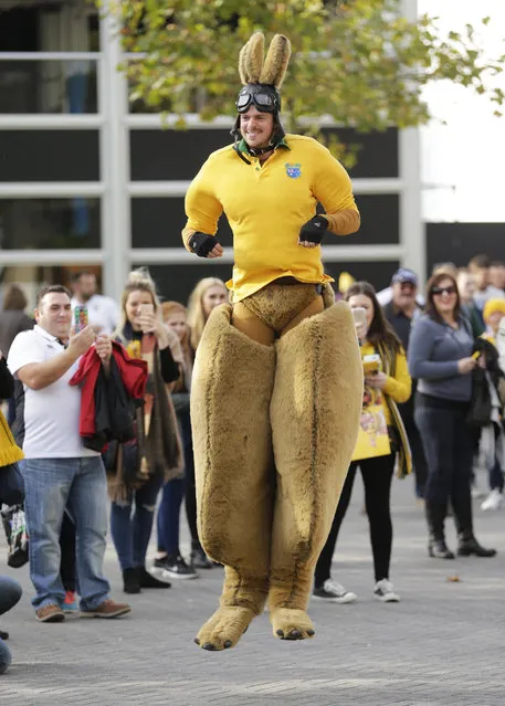 Rugby Union, Australia vs Scotland, IRB Rugby World Cup 2015 Quarter Final, Twickenham Stadium, London, England on October 18, 2015: An Australia fan dressed as a kangaroo outside the stadium. (Photo by Henry Browne/Reuters/Action Images)