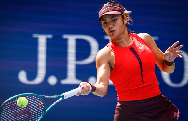 Great Britain's Emma Raducanu plays a forehand return to Japan's Ena Shibahara during their women's singles first round tennis match on day one of the US Open tennis tournament at the USTA Billie Jean King National Tennis Center in New York City, on August 24, 2025. (Photo by Kena Betancur/AFP Photo)